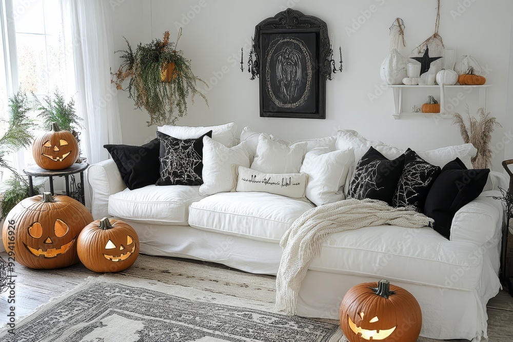 Wall mural Stylish white living room decorated for Halloween with pumpkins and elegant accents