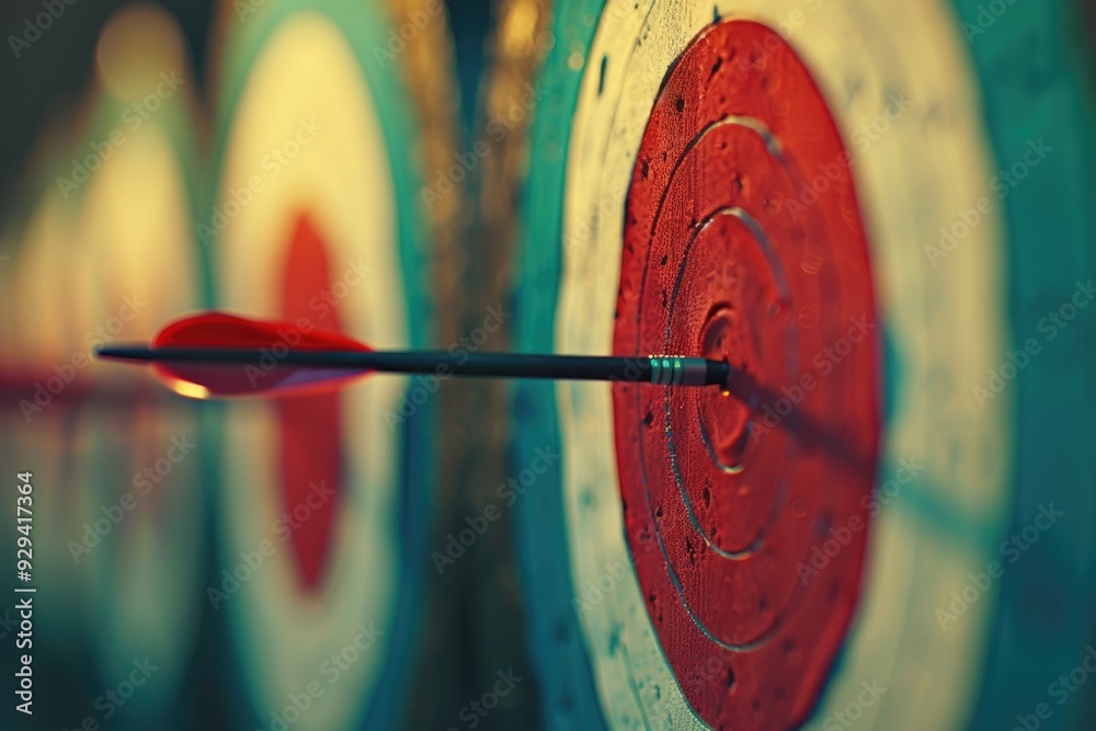 Poster A simple target with a red and white background and an arrow pointing towards the center, useful for sports and training illustrations
