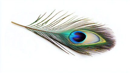 Obraz premium A vibrant peacock feather with iridescent shades of blue and green on a white background, showcasing the intricate patterns and delicate structure.