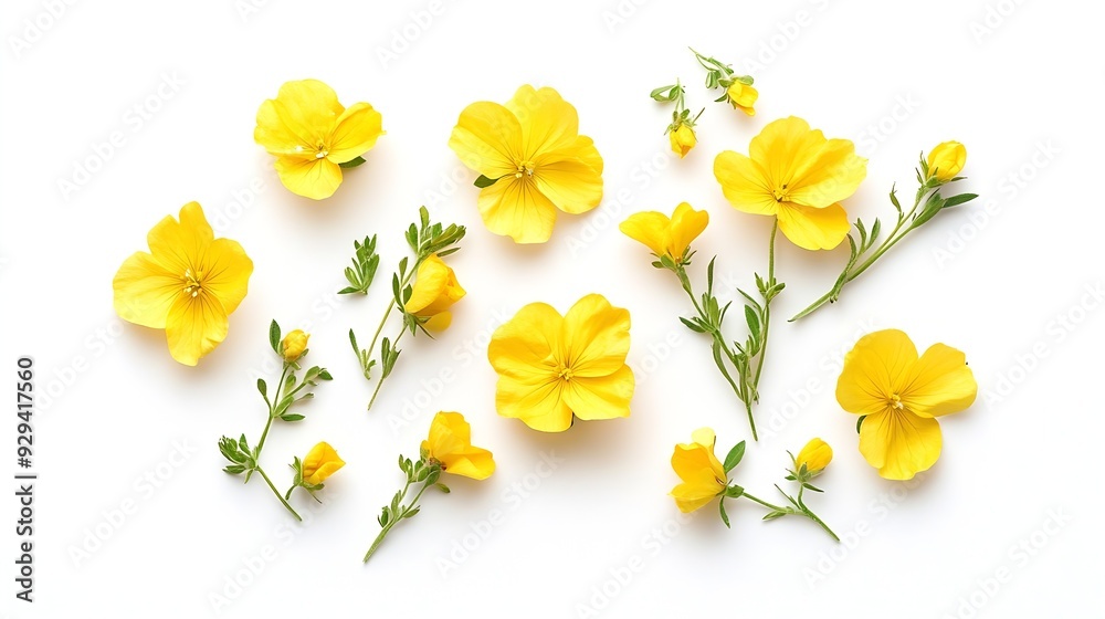 Poster rapeseed flowers isolated on white background top view flat lay : generative ai