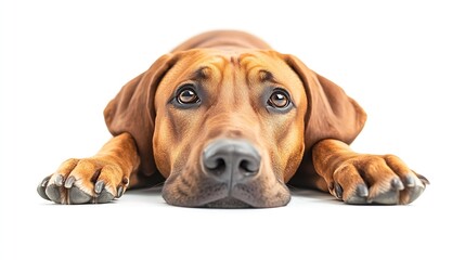 Obraz premium Handsome male Rhodesian Ridgeback dog laying down side ways with head and paws over edge Looking straight towards camera Isolated on a white background : Generative AI