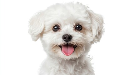 Obraz premium portrait of beautiful bichon puppy with fluffy fur sticking out tongue and looking forward in front of white background in studio : Generative AI
