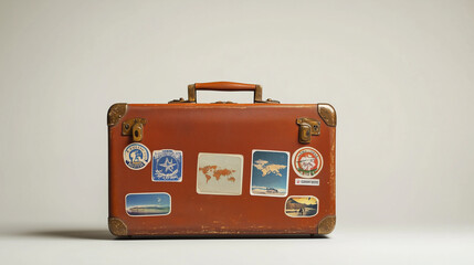 Vintage orange suitcase adorned with travel stickers, symbolizing adventure and exploration on a plain white background.