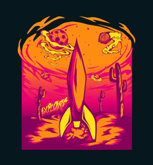 Explore Space Rocket and Planet Themed Illustration Design for T-shirt print, Poster Design, Streetwear, Tote bag, and other