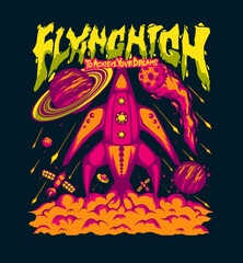 Flying High Space Rocket and Planet Themed Illustration Design for T-shirt print, Poster Design, Streetwear, Tote bag, and other