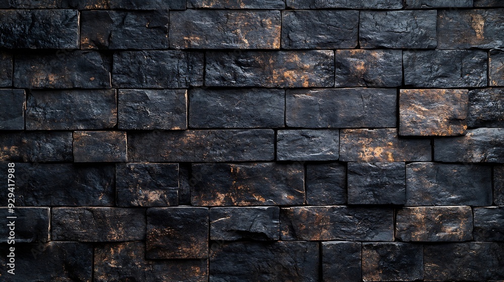Poster Dark brick wall pattern with chaotic masonry order Background texture or resource for 3d texturing Many bricks in big modern stone wall in full frame : Generative AI