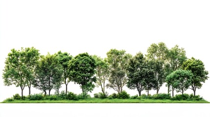 View of a High definition Treeline isolated on a white background : Generative AI