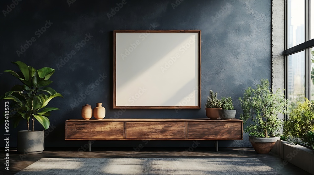 Poster mockup frame on cabinet in living room interior on empty dark wall background3d rendering : generati