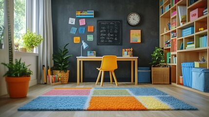 Childrens room interior at home Spacious room with study desk chair bookshelves chalkboard boxes lamp plants clock rug laminate flooring and area for playing Unisex design for boy or g : Generative AI