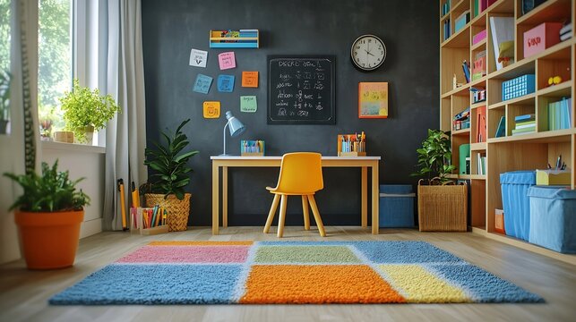 Childrens room interior at home Spacious room with study desk chair bookshelves chalkboard boxes lamp plants clock rug laminate flooring and area for playing Unisex design for boy or g : Generative AI