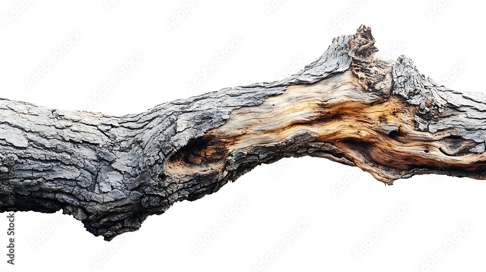 Poster dry branch of big dead tree with cracked dark bark stem beautiful old tree isolated on white backgro