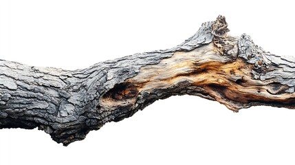 Fototapeta premium Dry branch of big dead tree with cracked dark bark stem Beautiful old tree isolated on white background Single old and dead tree on nature Alone wooden trunk forest in fall season chan : Generative AI