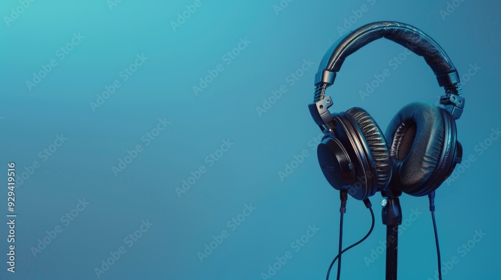 Poster a pair of headphones resting on top of a stand, ready for use