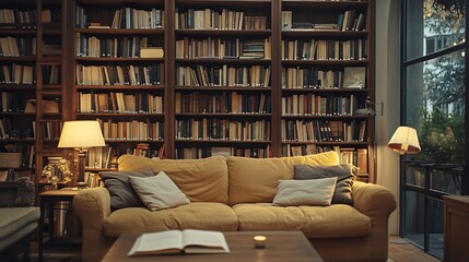 Bookshelves in the library Large bookcase with lots of books Sofa in the room for reading books Library or shop with bookcases Cozy book background Bookish bookstore bookshop : Generative AI