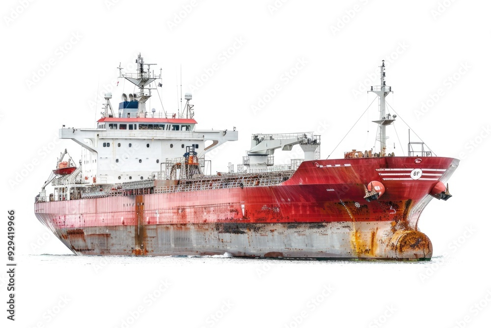 Poster a red and white boat floats on calm water with no signs of movement or activity