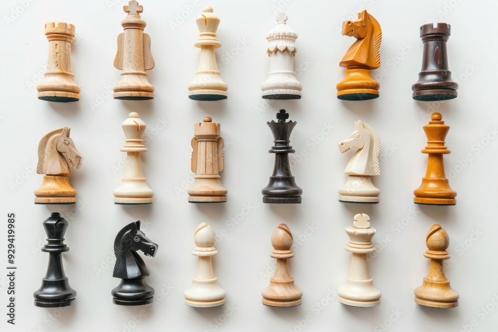 Poster A set of chess pieces arranged on a white surface