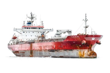A red and white boat floats on calm water with no signs of movement or activity