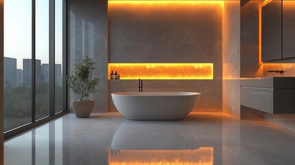 elegant marble bathroom sleek grey surfaces ambient led lighting freestanding tub double vanity modern luxurious design
