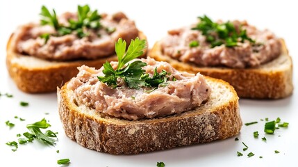 Meat Paste Toast Bread Isolated Tuna Pate Sandwiches Terrine Toasts Chopped Liver Mousse on Bread Fish Paste Canape on White Background : Generative AI