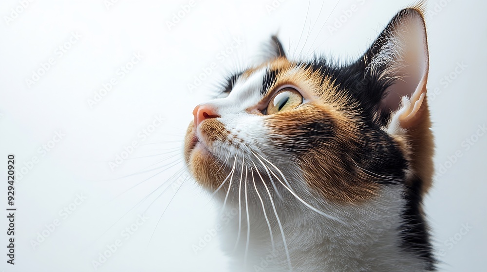 Poster isolated calico cat looking up with intense eyes cute curious long hair kitty cat waiting for food o