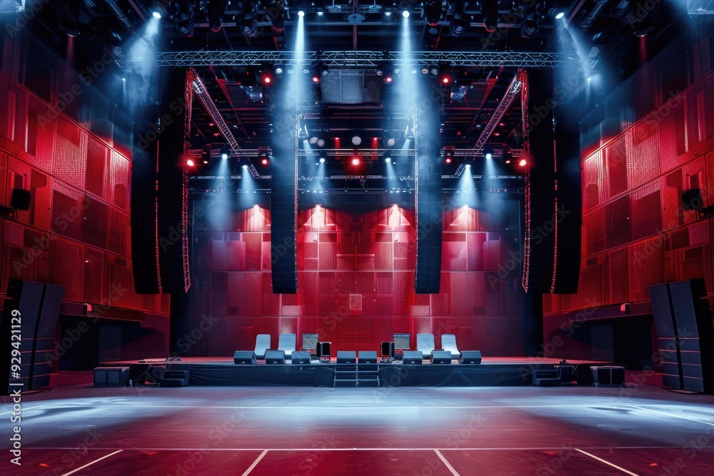 Poster a bright empty stage with red walls and spotlights
