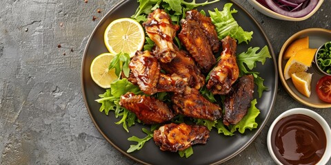 Fototapeta premium Top view of air fried chicken wings served with a fresh green salad barbecue sauce and lemon slices