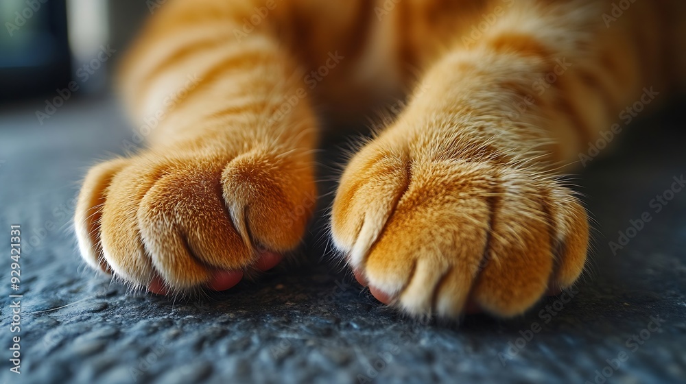 Aufkleber ginger cat paw on the table happy tabby cat relaxing at home : generative ai