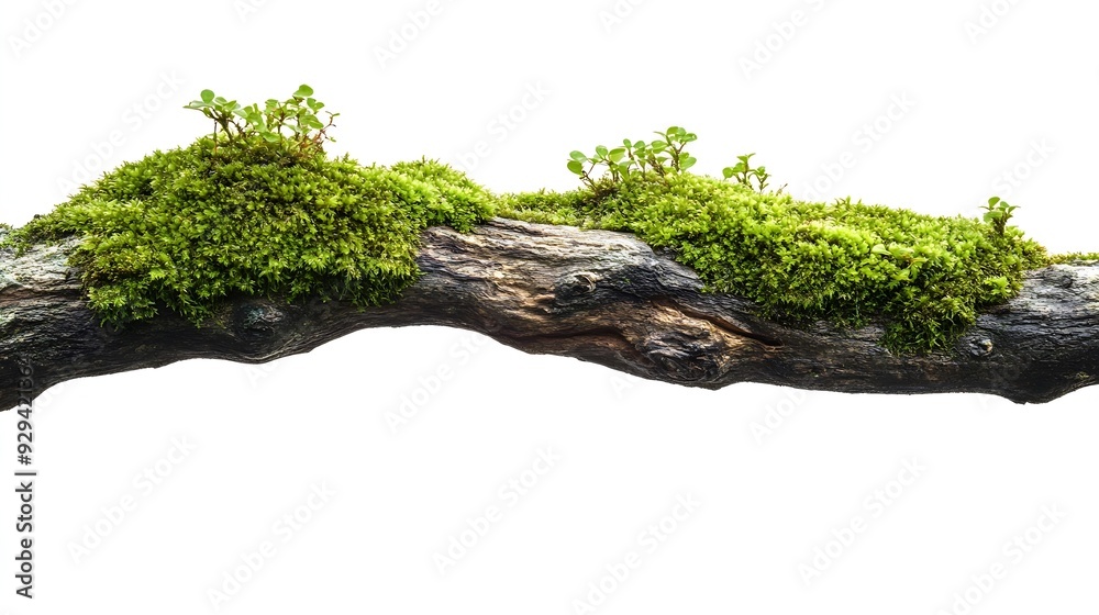 Poster fresh green moss on wet rotten branch and stone isolated on white side view : generative ai