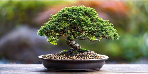 Dramatic close-up of vibrant green bonsai tree in ceramic pot, showcasing intricate twisted branches and lush foliage, highlighting artistry of traditional Japanese cultivation techniques.