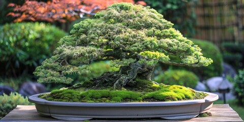Bonsai tree displayed in elegant pot, lush green foliage and intricate branches, serene garden setting, showcasing artistry and harmony in nature, copy space.
