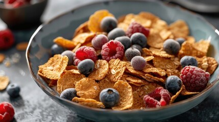 A bowl filled with cereal and topped with berries on a table