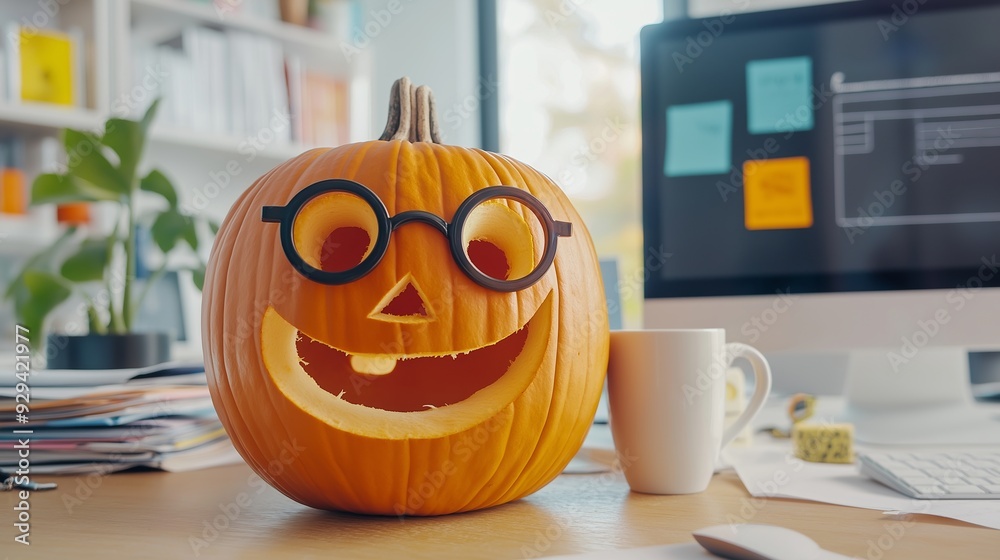 Wall mural festive halloween pumpkin with a smiling face and illuminated eyes sits on a desk in a modern office