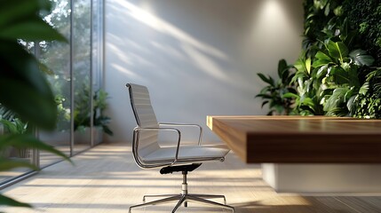 Fototapeta premium Comfortable workplace with wooden desk near white wall indoors : Generative AI