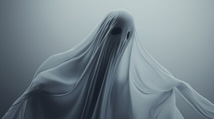 Ghostly figure emerges in a dimly lit room. Shrouded in a billowing white sheet. Adding an eerie presence to the dark surroundings. Evoking thoughts of horror and the unknown