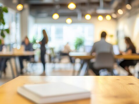 Blurred business office with people in casual attire and bokeh background for professional setting