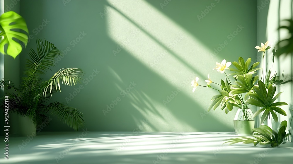 Wall mural Abstract gradient green studio background for product presentation Empty room with shadows of window and flowers and palm leaves  3d room with copy space Summer concert Blurred backdro : Generative AI