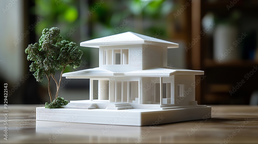 Poster Two floors model of the family house printed on a 3D printer with white filament by FDM technology for architectural use : Generative AI
