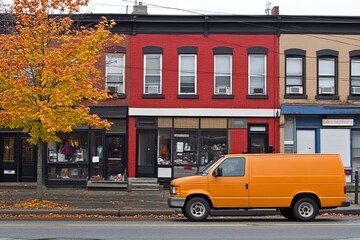 Obraz premium An orange delivery van is parked along a street with colorful autumn foliage and historic brick storefronts. Generative AI