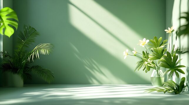 Abstract gradient green studio background for product presentation Empty room with shadows of window and flowers and palm leaves  3d room with copy space Summer concert Blurred backdro : Generative AI