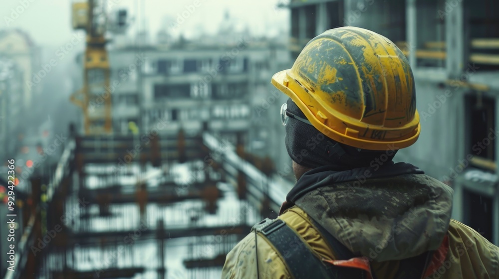 Wall mural A construction worker in a hard hat surveys the progress of a building project