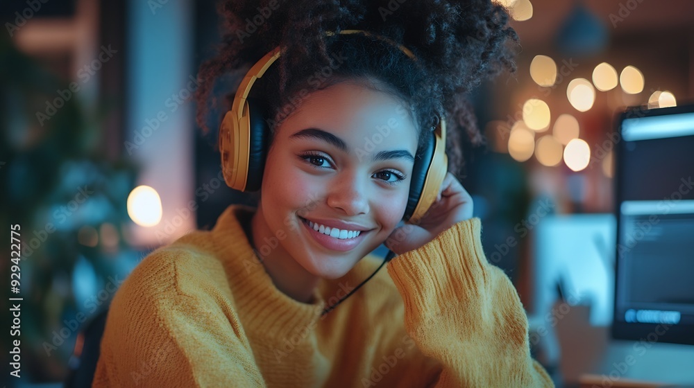 Poster smiling multiracial millennial female student in headphones sitting at the desk watching webinar and