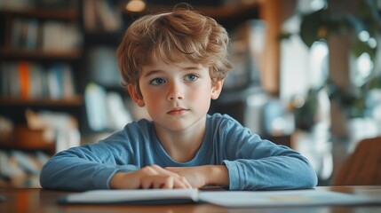 Distance learning education Back to school Cute kid boy studying at home and doing school homework Thinking child sitting at table : Generative AI