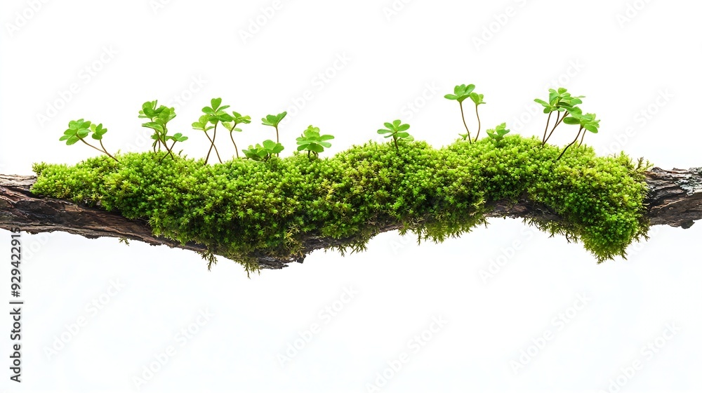 Poster fresh green moss on rotten branch isolated on white side view : generative ai