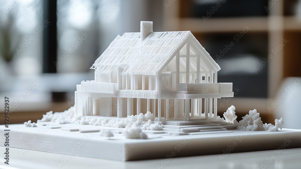 Poster Decomposed house parts floor and roof 3D model printed on a 3D printer with white filament by FDM technology for architectural use : Generative AI
