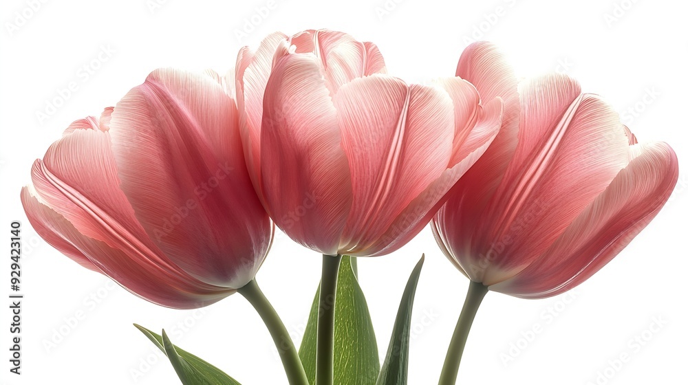 Poster pink tulips flowers on a white isolated background with clipping path flowers on a stem closeup natu