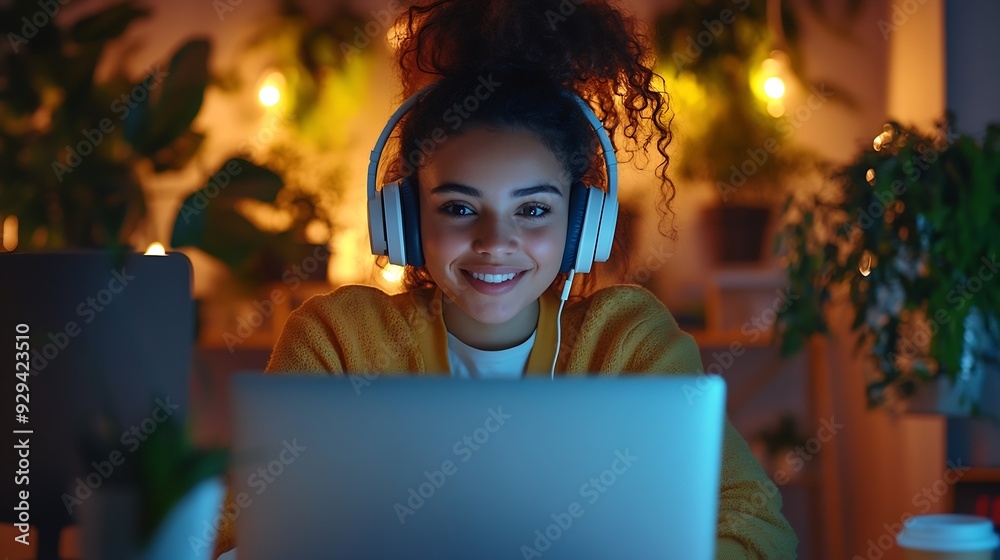 Poster smiling multiracial millennial female student in headphones sitting at the desk watching webinar and