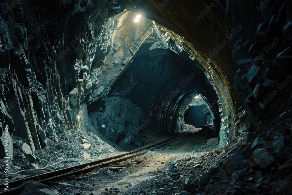 Poster train moving through a dark and lit tunnel, perfect for transportation or infrastructure concepts