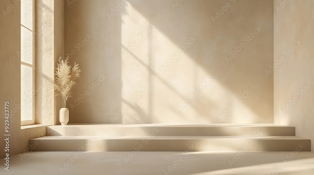 Fototapete Empty Studio 3d exhibition background  pastel creamy beige stage with soft natural abstract diagonal window light and shadows Minimal architectural scene for product mock up Front view : Generative AI