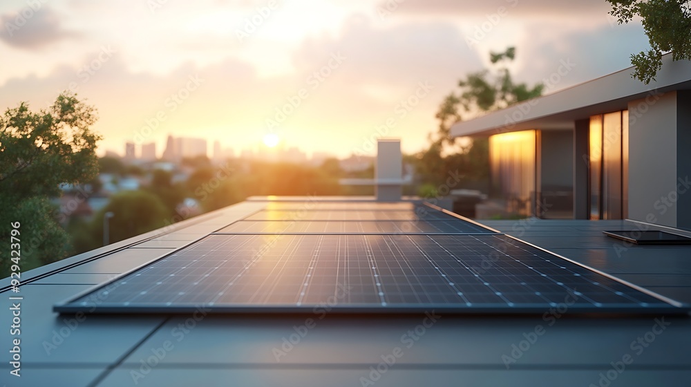 Poster solar panels on the roof of the modern house3d rendering : generative ai