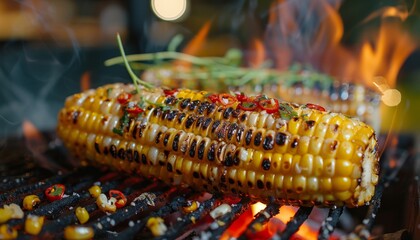 Grilled corn on the cob over the fire.